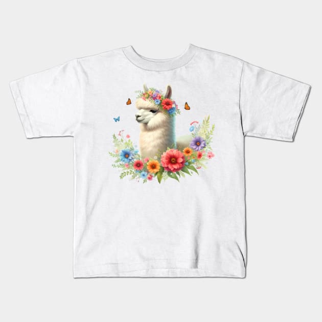 An alpaca decorated with beautiful colorful flowers. Kids T-Shirt by CreativeSparkzz